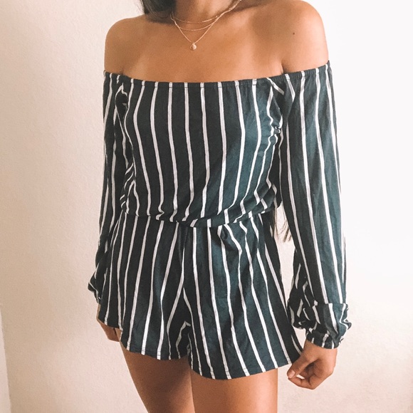 Boohoo Pants - Boohoo Eden Stripe off the Shoulder Playsuit